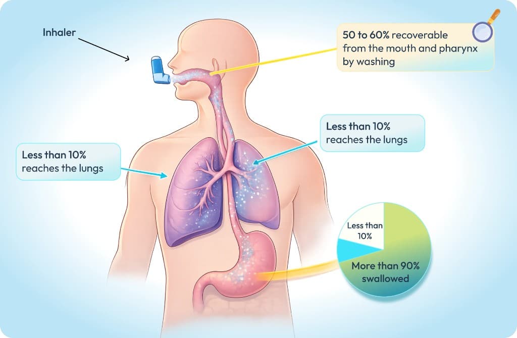 Medication deposition diagram: inhaler use, mouth and pharynx deposition, less than 10% to lungs, majority swallowed